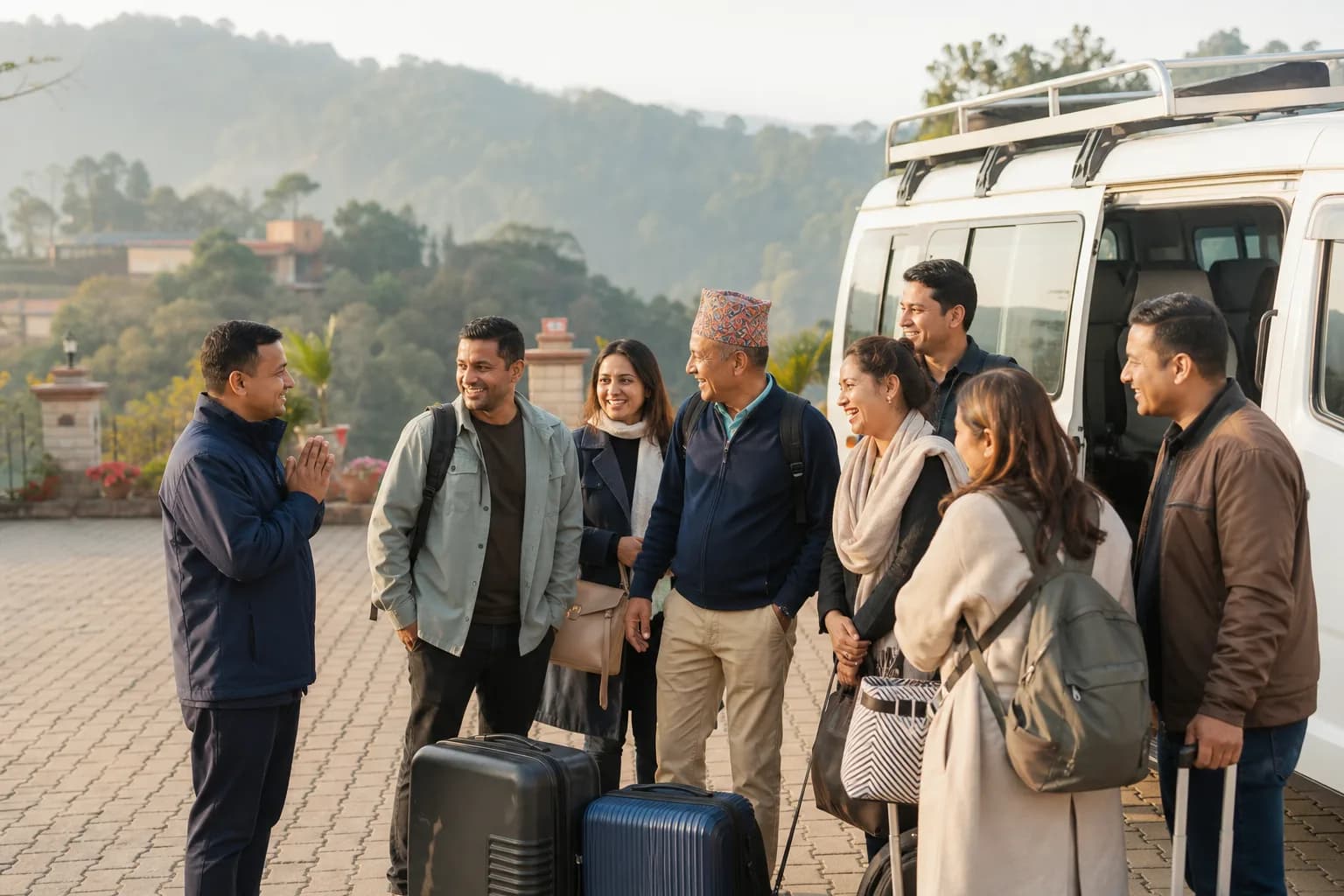 A professional travel coordinator welcoming a group before their road journey